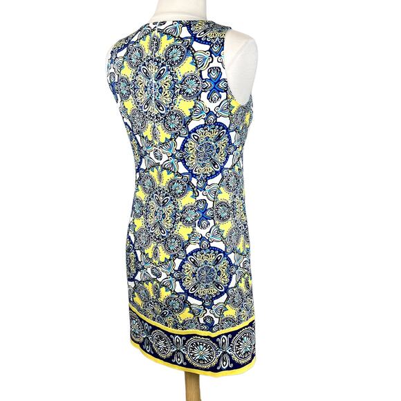 London Style Mandala Print Sleeveless Shift Dress Size 8 Yellow Blue Cotton - Picture 8 of 14